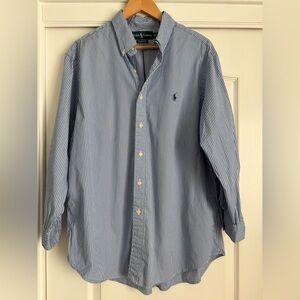 Ralph Lauren Classic Fit Blue White Striped Button Down Shirt Men’s L Pony Logo